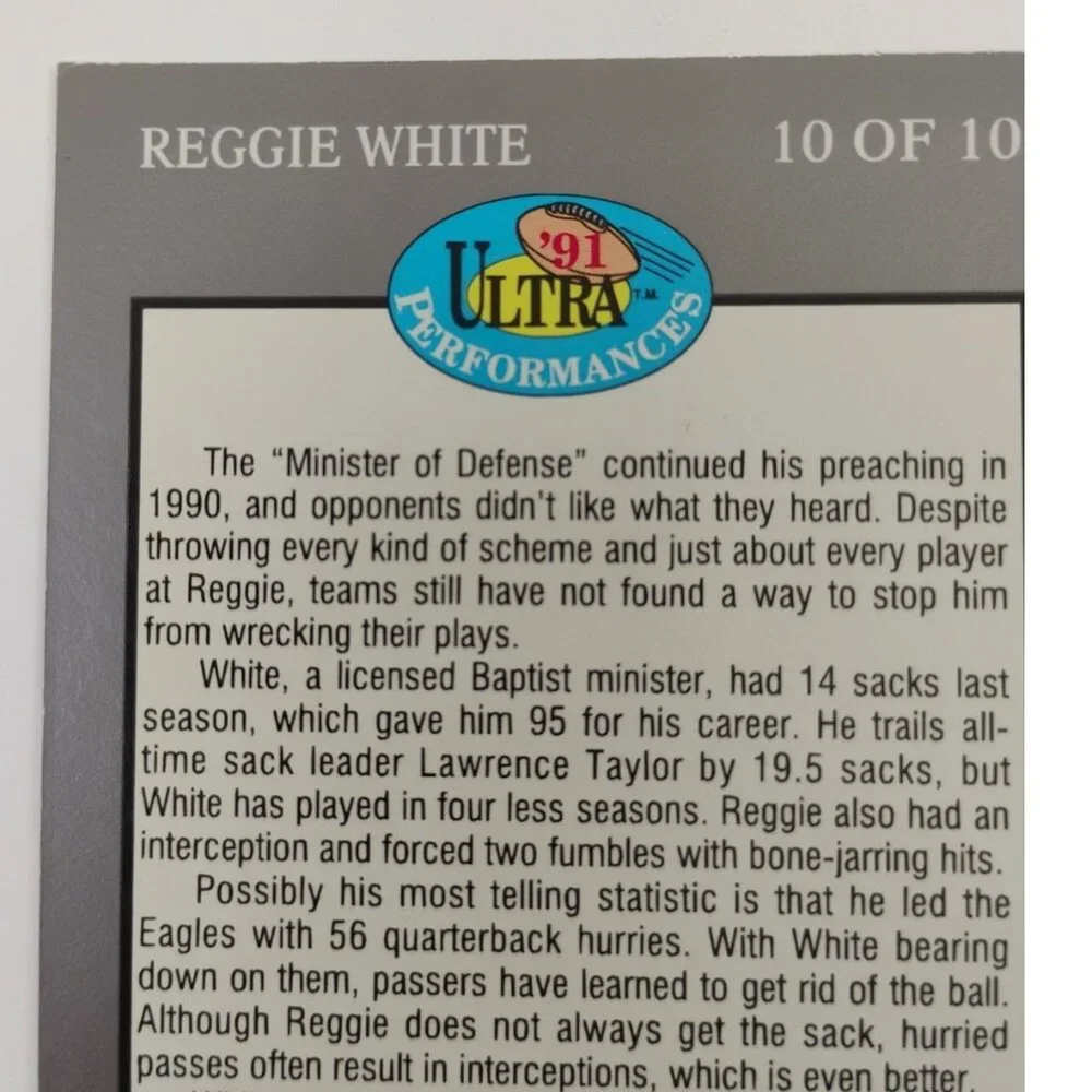 1991 Fleer Ultra #10 of 10 REGGIE WHITE Performances RARE INSERT Eagles